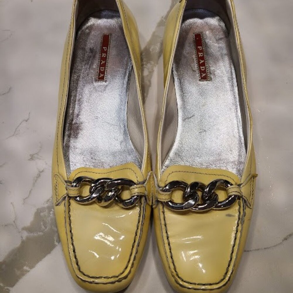 Prada *Vintage* 90s Yellow Patent Leather Logo Loafers EU 39.5/ US 9 or 9.5 - Picture 1 of 8